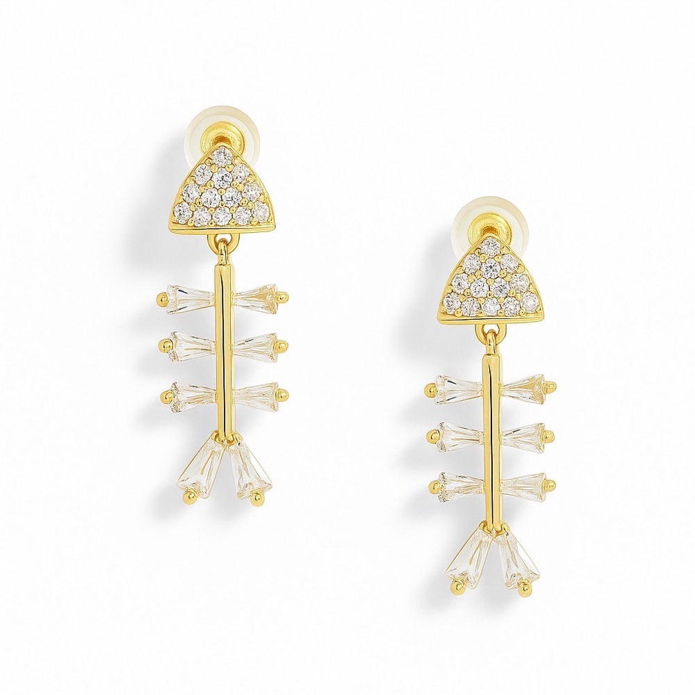 Elegant Gold Fish Earrings With Zirconia